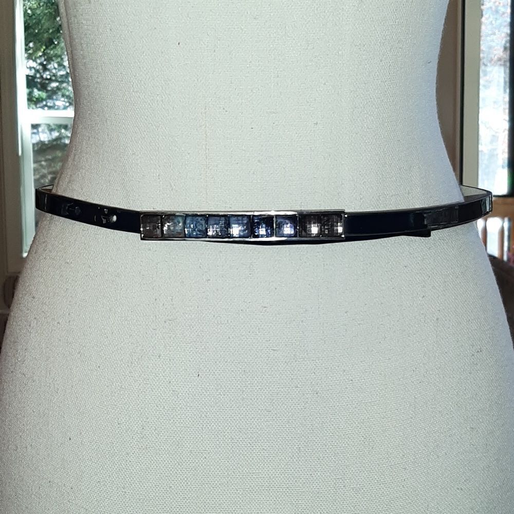 White House Black Market Black Leather Belt with Blue Stones